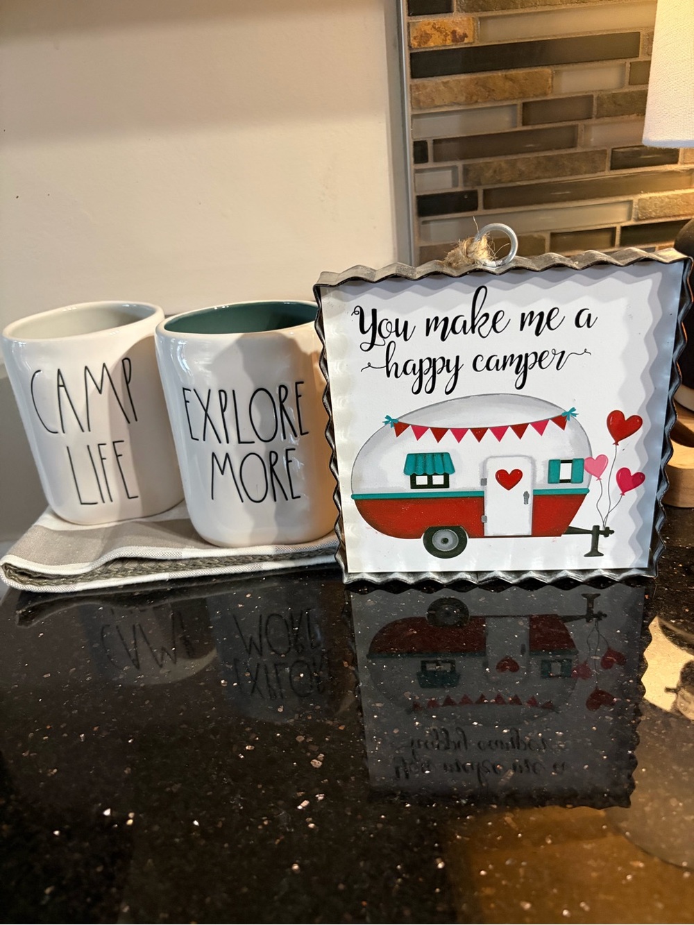 Happy Camper Tin Sign with Red & Teal Camper and two mugs